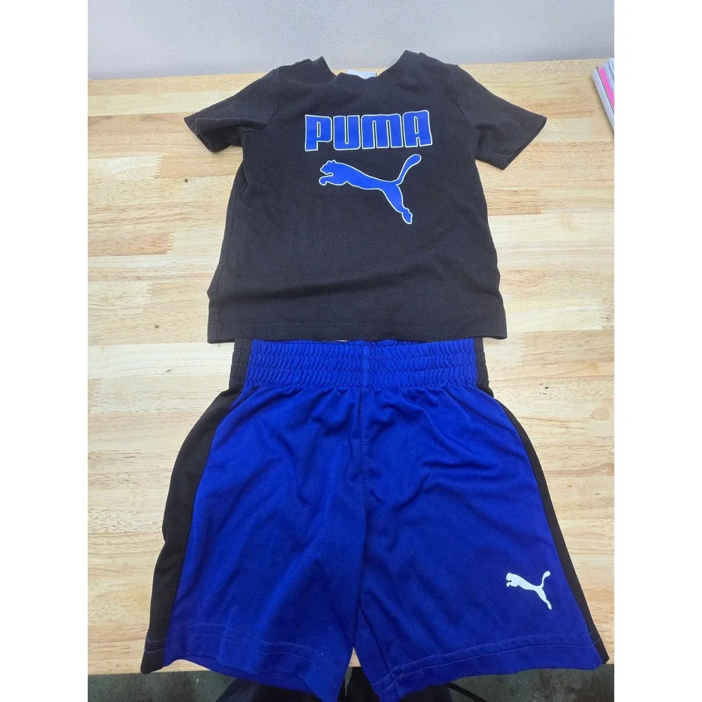 Puma Toddler 2T Matching Set – Black Logo Tee + Blue Athletic Shorts‎ - Picture 2 of 6